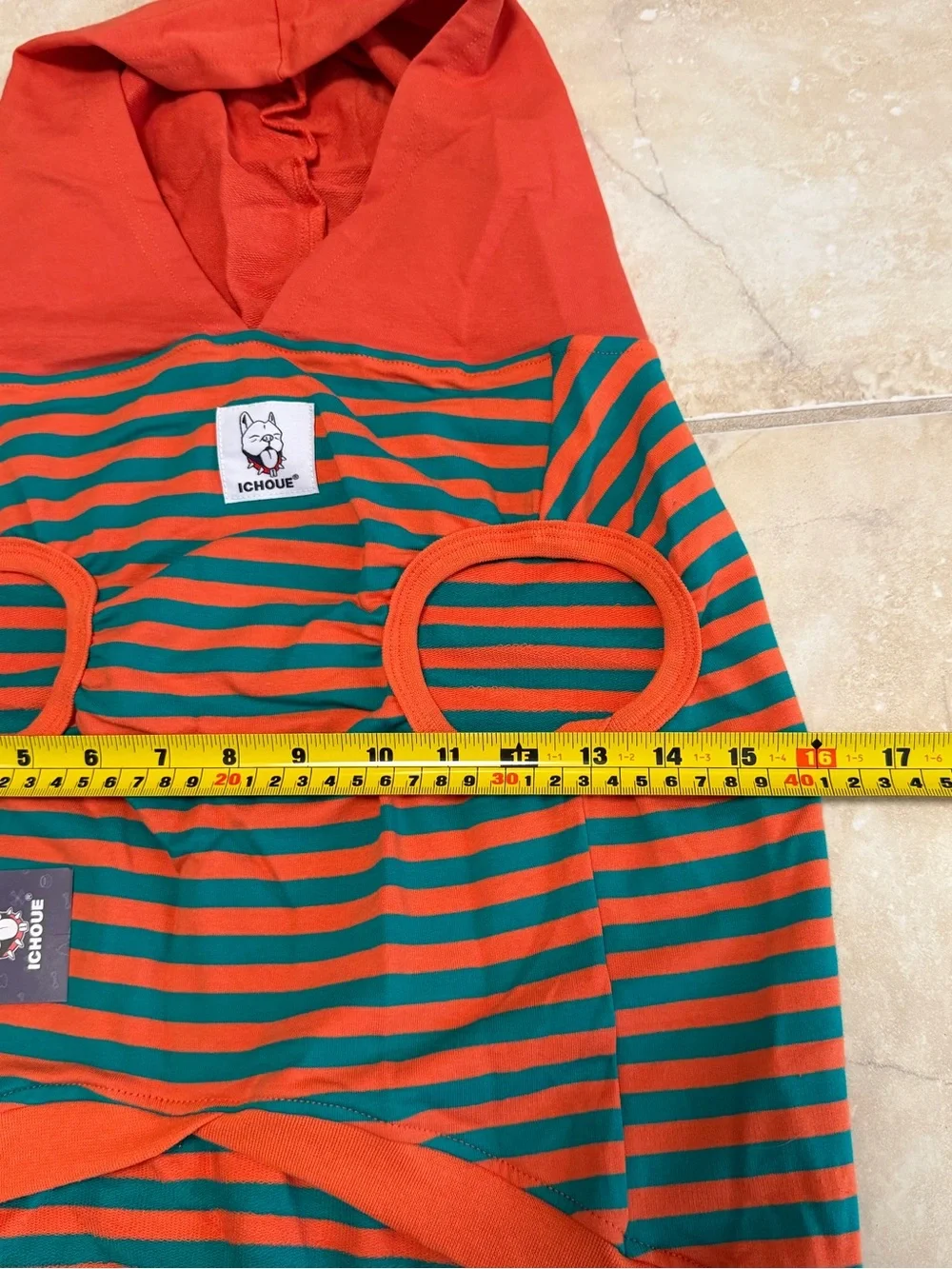 ICHOUe Dog Hoodie 2XL Orange Green Striped Hooded Pet Sweater Pom Pom NWT
